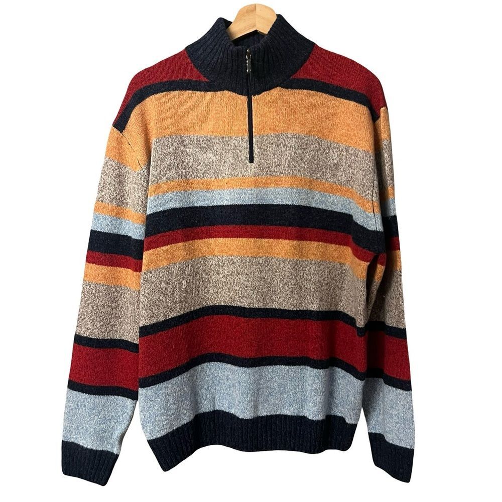 Poeta Moda Mens Striped Wool Blend Sweater Sz L 1/4 Zip Grandpa Preppy Old Money